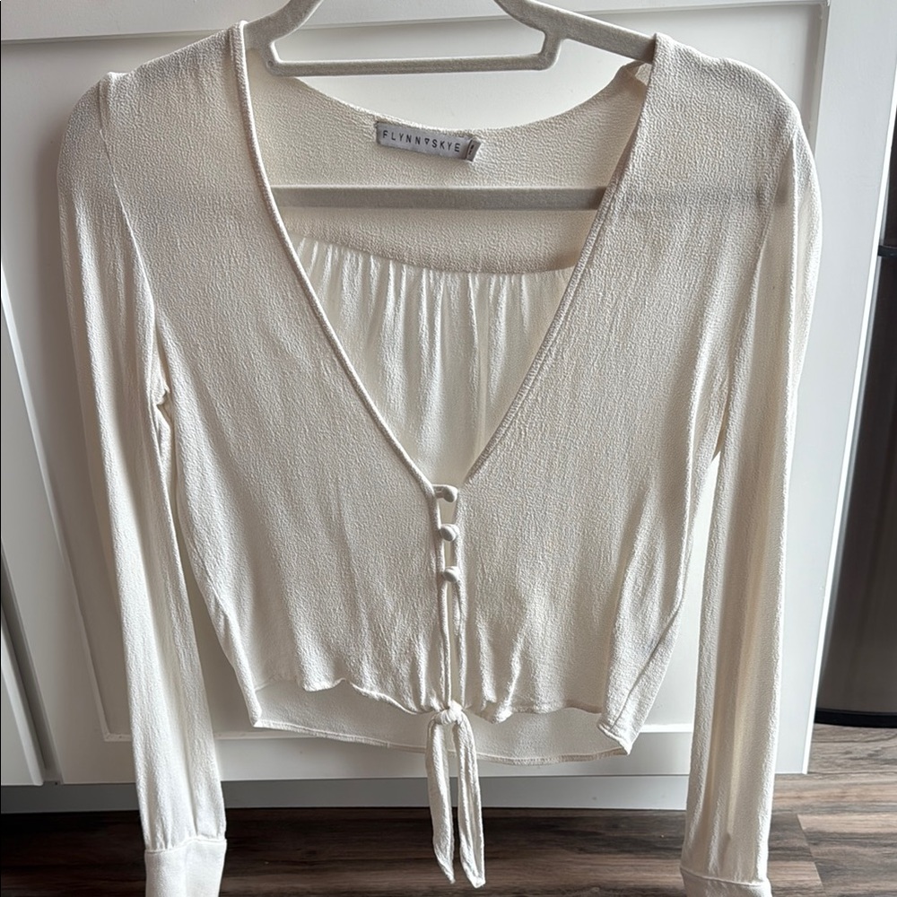 Flynn Skye Cream Long Sleeve Tie Front Cropped Blouse